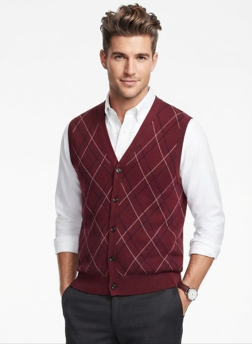Club Room Burgundy Argyle Merino Wool Button Vest Small NWT